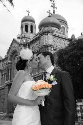 Delislava and new husband on their wedding day- bride in anjolique