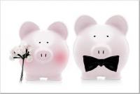 Bride and groom on a budget piggy banks; a budget wedding
