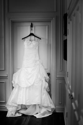 Anjolique wedding gown with fabric flower decor and full train